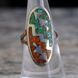 Vintage Sterling Turquoise and Coral Inlay Ring 7.75