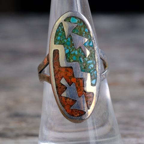 Vintage Sterling Turquoise and Coral Inlay Ring 7.75