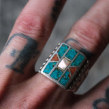 Vintage Sterling Turquoise MOP and Coral Inlay Ring 9.5