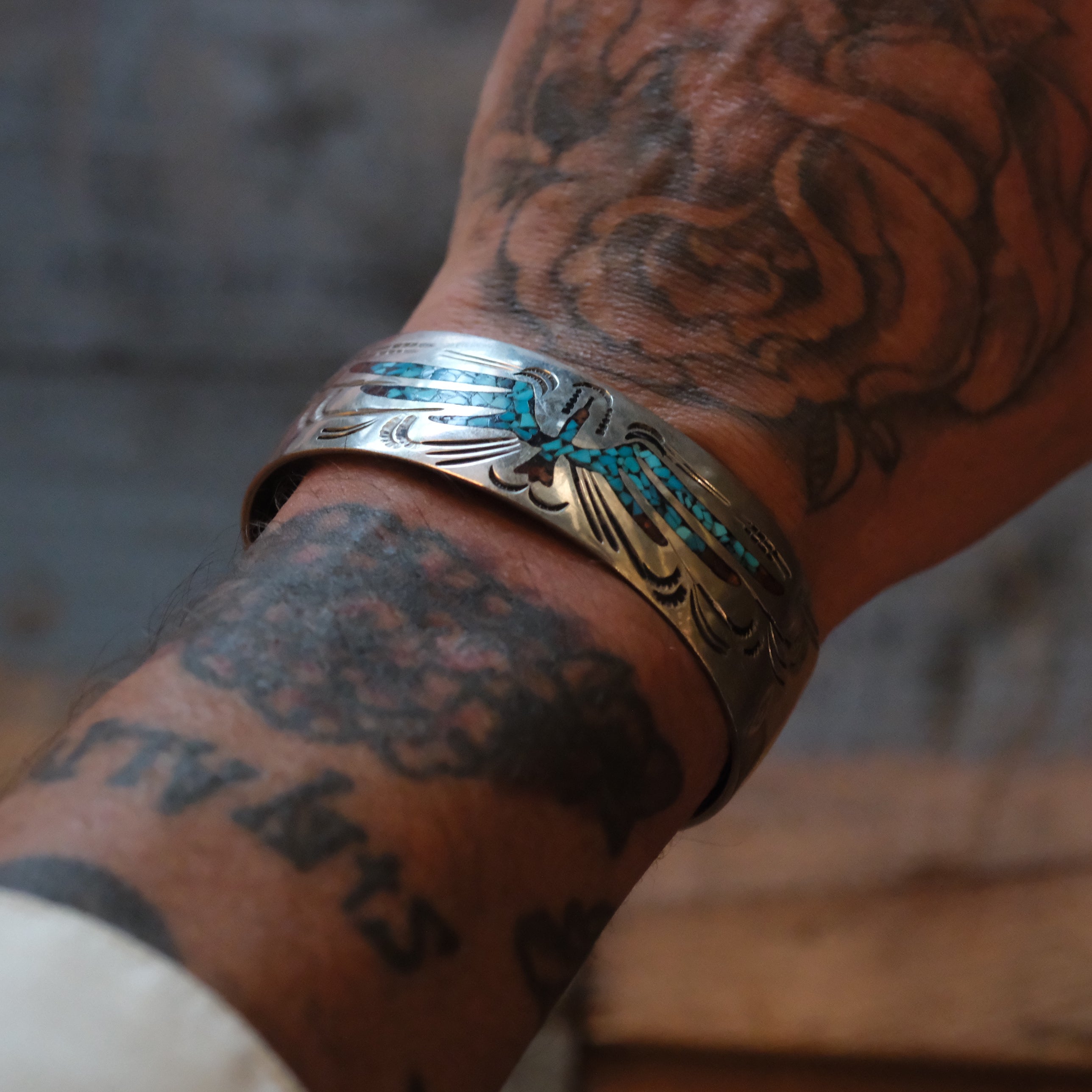 Vintage Sterling Turquoise and Coral Inlay Wide Cuff Bracelet