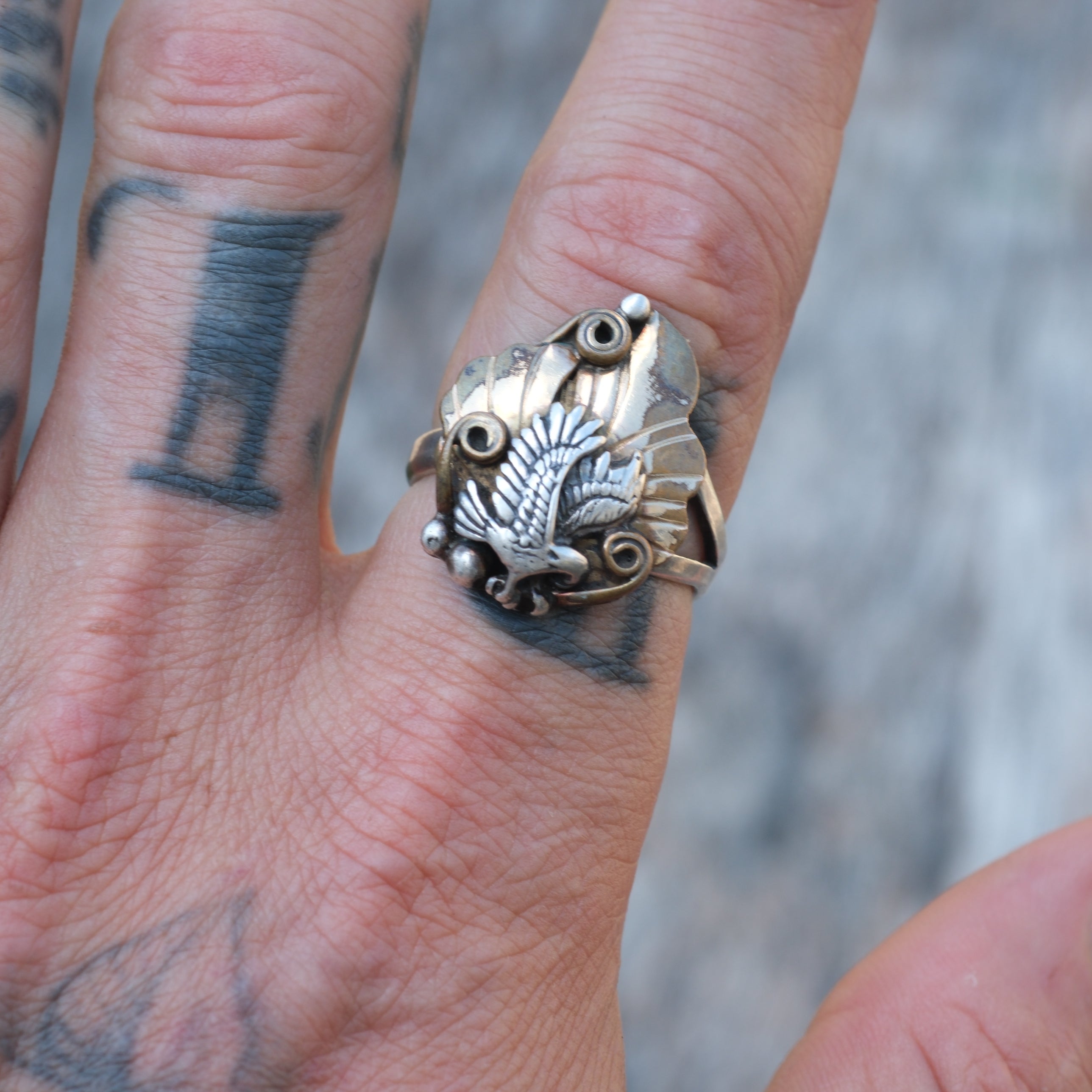 Vintage Sterling and Copper Eagle Ring 9.25