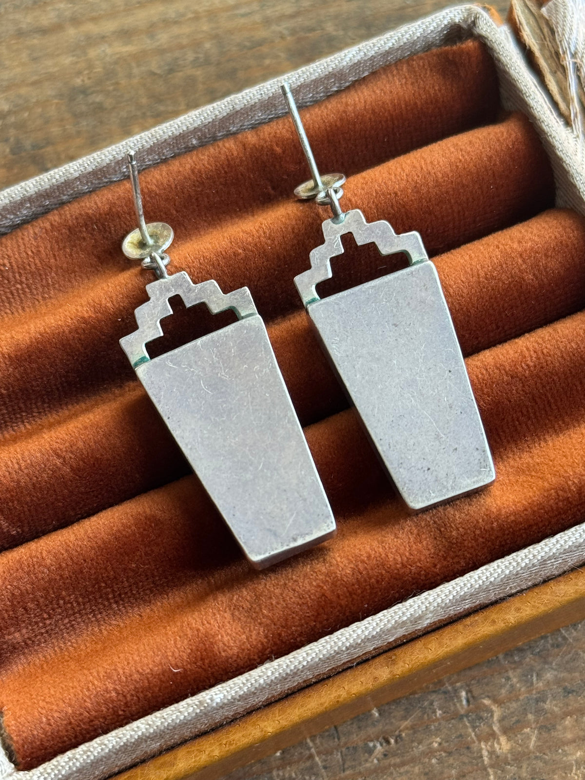 Vintage Sterling Silver Multistone Inlay Shield Earrings