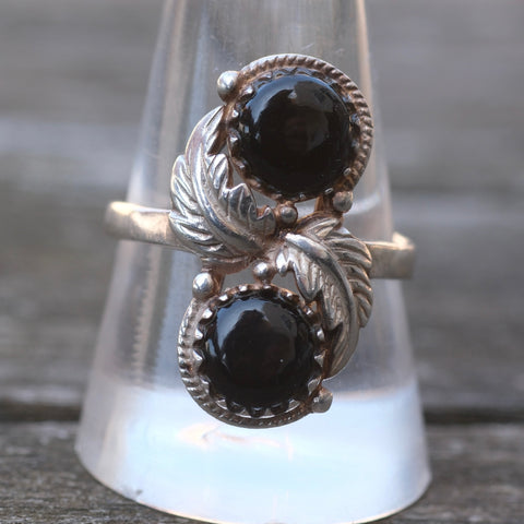 Vintage Sterling Onyx Feather Ring 10.5