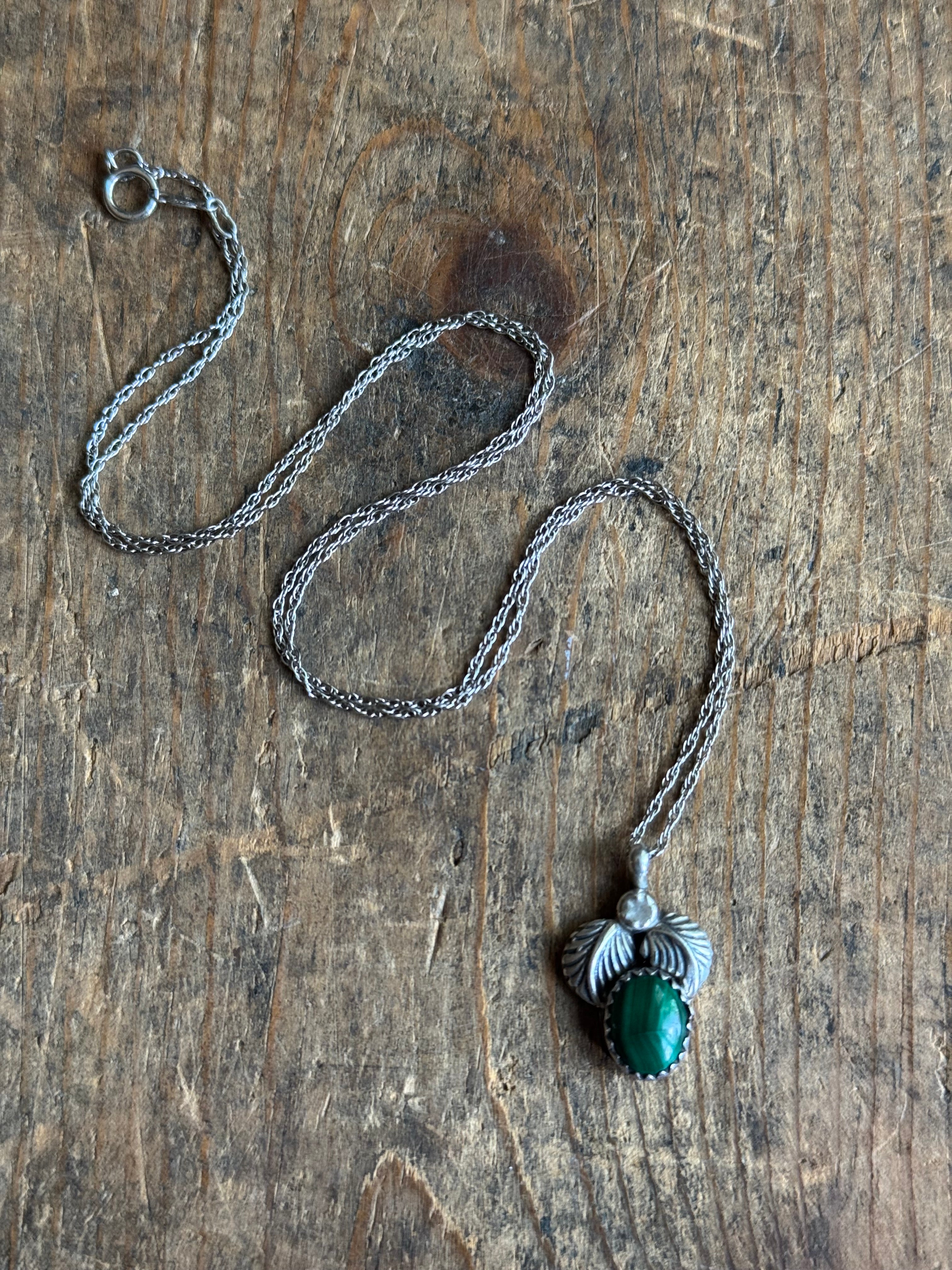 Vintage Sterling Silver Malachite Feather Necklace