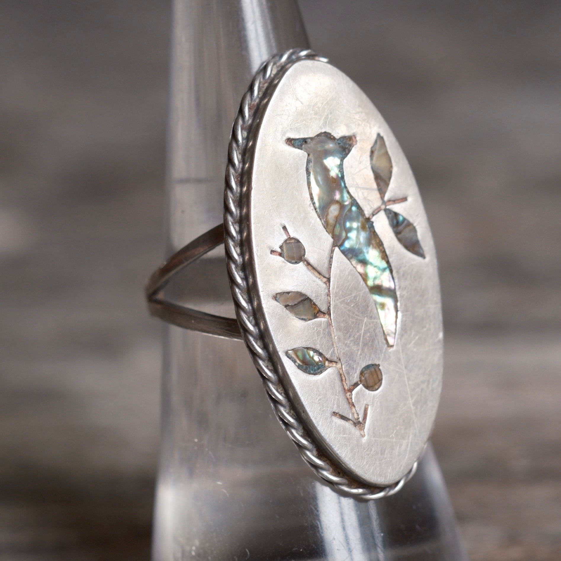 Vintage Sterling Abalone Inlay Bird Ring 6.75