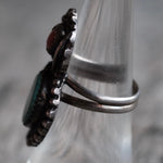 Vintage Sterling Turquoise and Coral Feather Ring 6.75