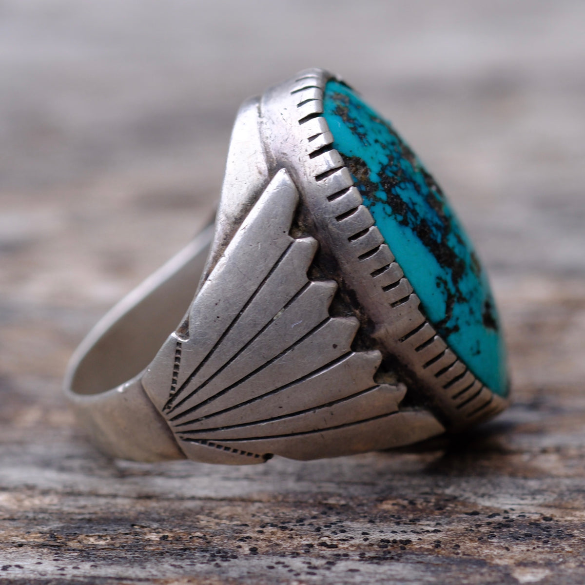 Vintage Sterling Turquoise Ribbed Band Ring 10.5