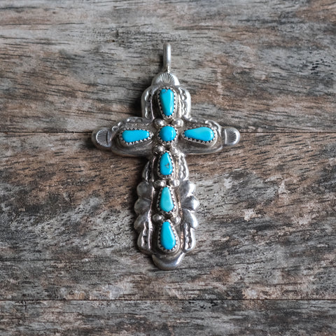 Vintage Sterling 7-Stone Turquoise Cross Necklace
