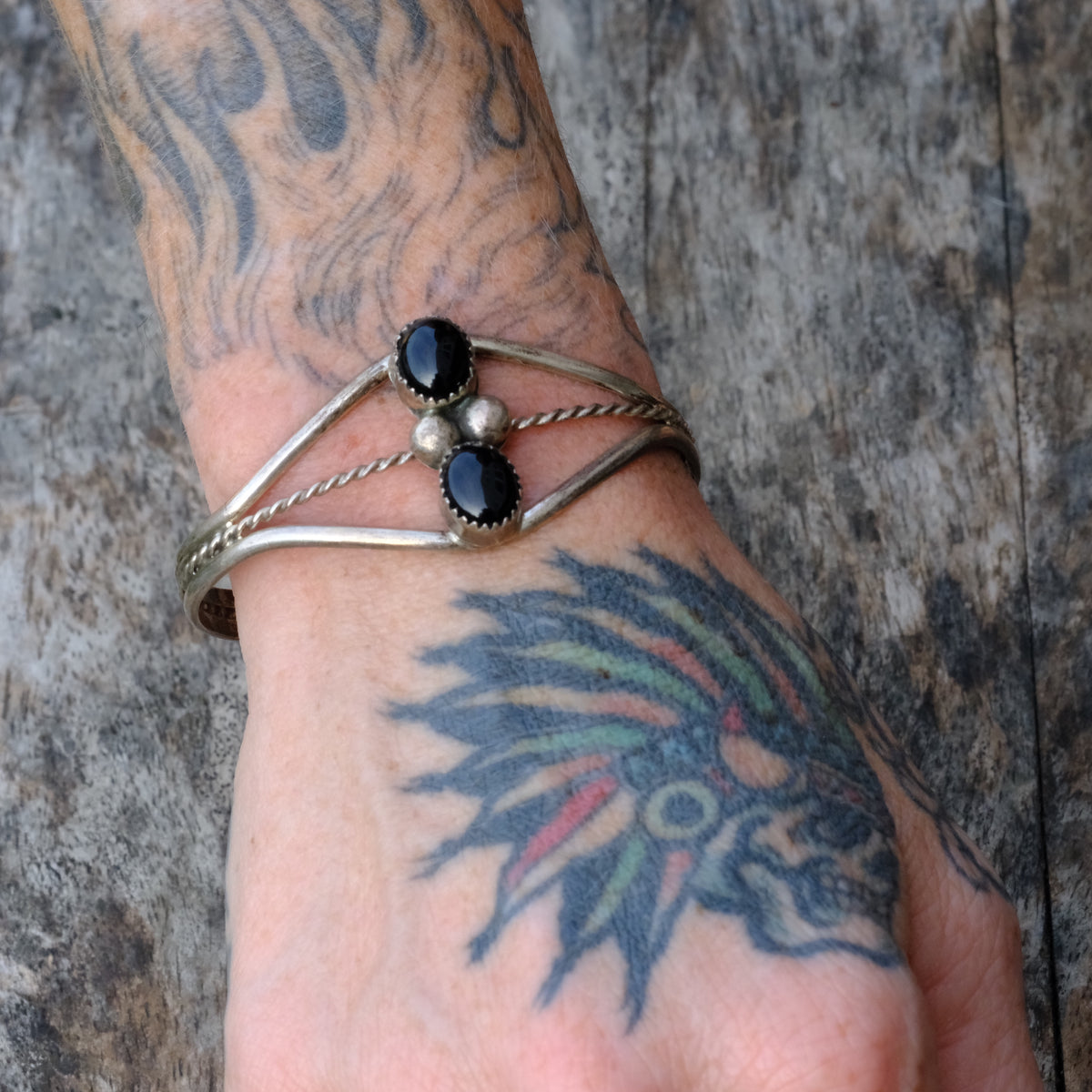 Vintage Sterling 2-Stone Onyx Cuff Bracelet