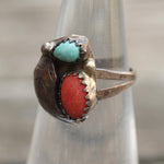 Vintage Sterling Turquoise and Coral Feather Ring 4.5
