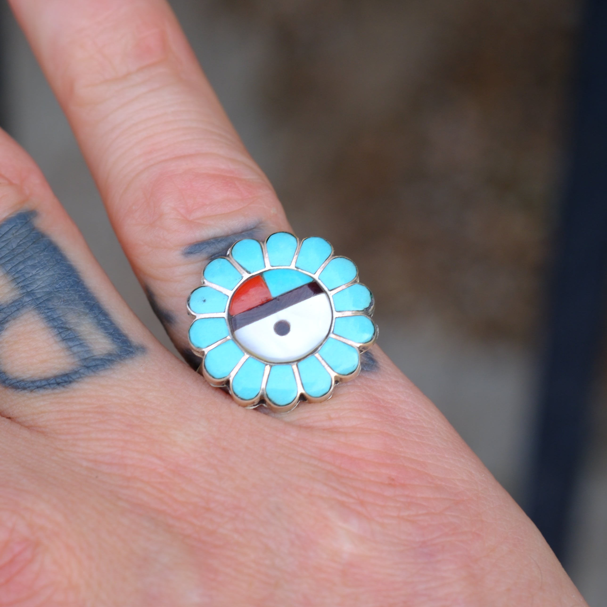 Vintage Sterling Multistone Inlay Zuni Ring 6.25