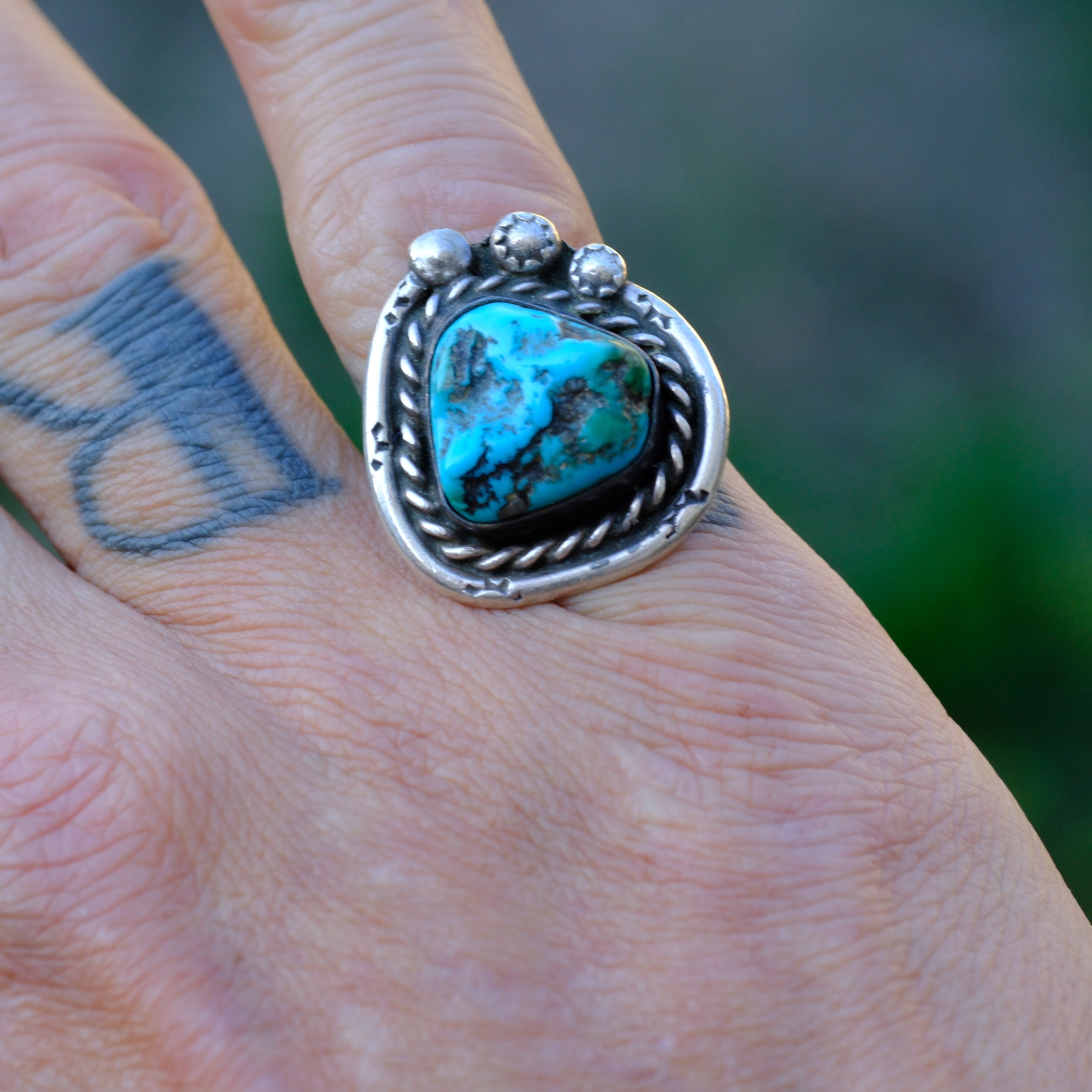 Vintage Sterling Turquoise Roper Ring 6.5