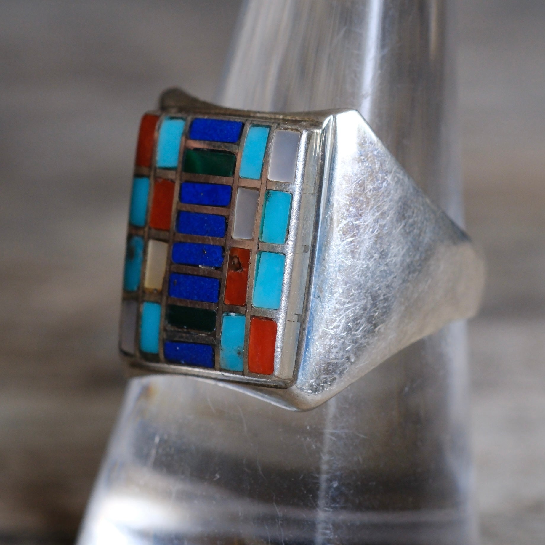 Vintage Sterling Multistone Inlay Mosaic Signet Ring 9