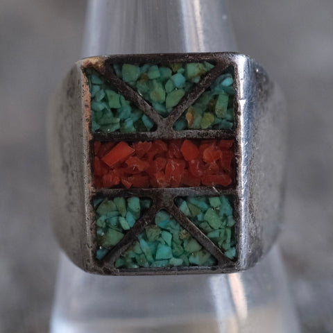 Vintage Sterling Crushed Turquoise and Coral Inlay Ring  9.75