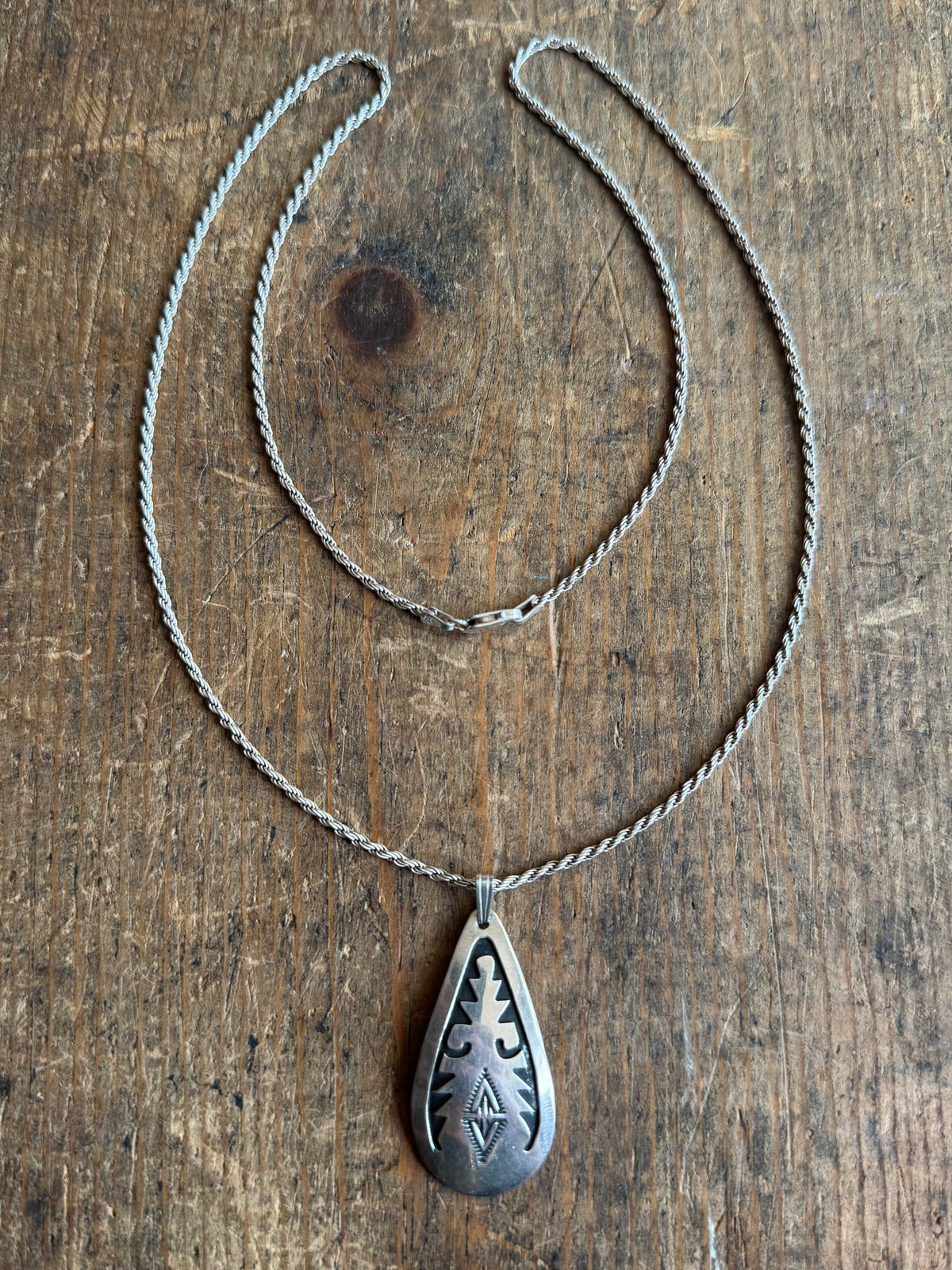 Vintage Sterling Silver Stamped Teardrop Tag Necklace