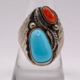 Vintage Sterling Turquoise and Coral Feather Ring 9.75