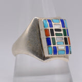 Vintage Sterling Multistone Inlay Panel Ring 10.75
