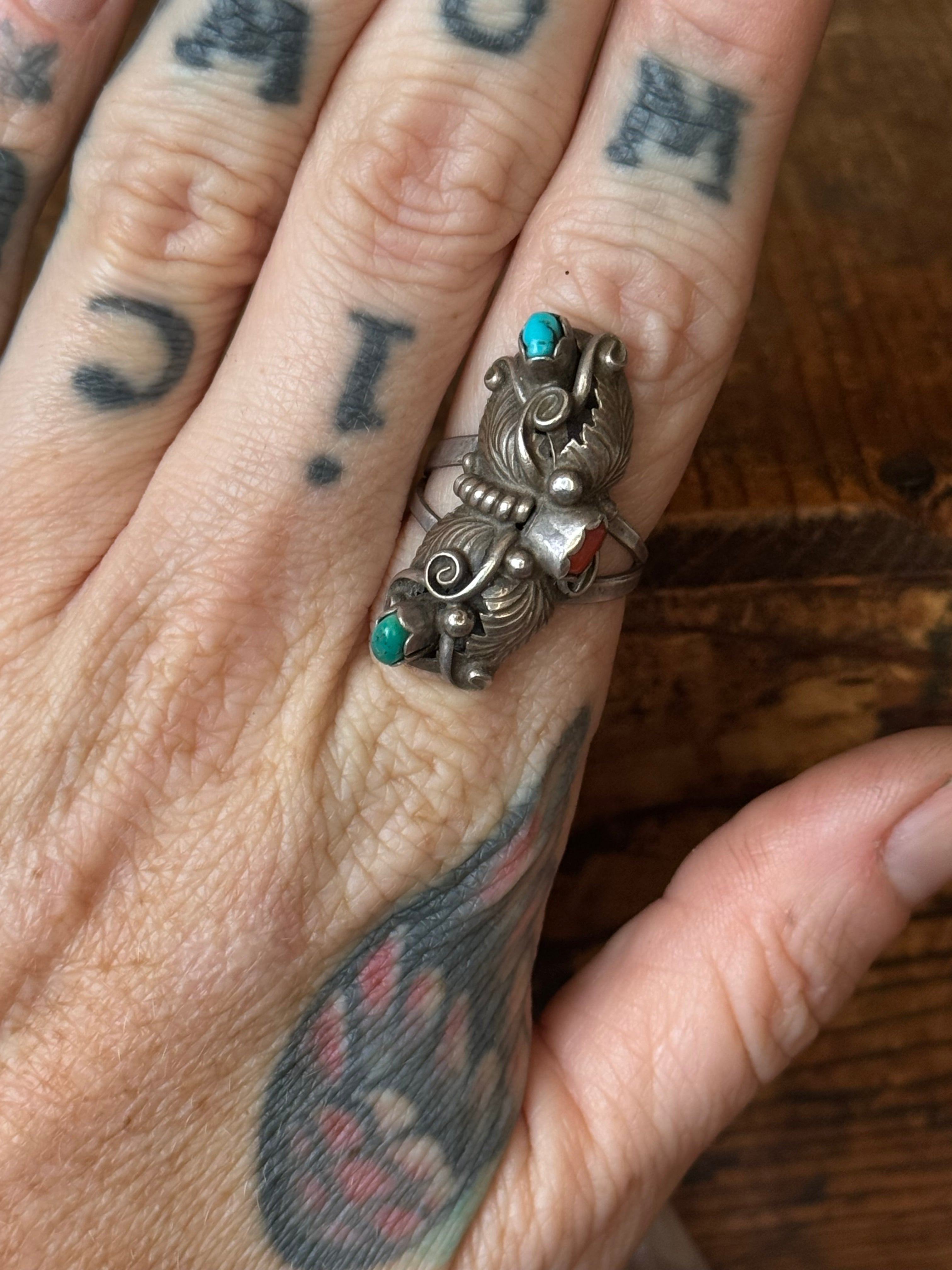Vintage Sterling Silver Coral & Turquoise Leaf Ring 6.5