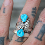 Vintage Sterling 2-Stone Turquoise Feather Ring 9.5