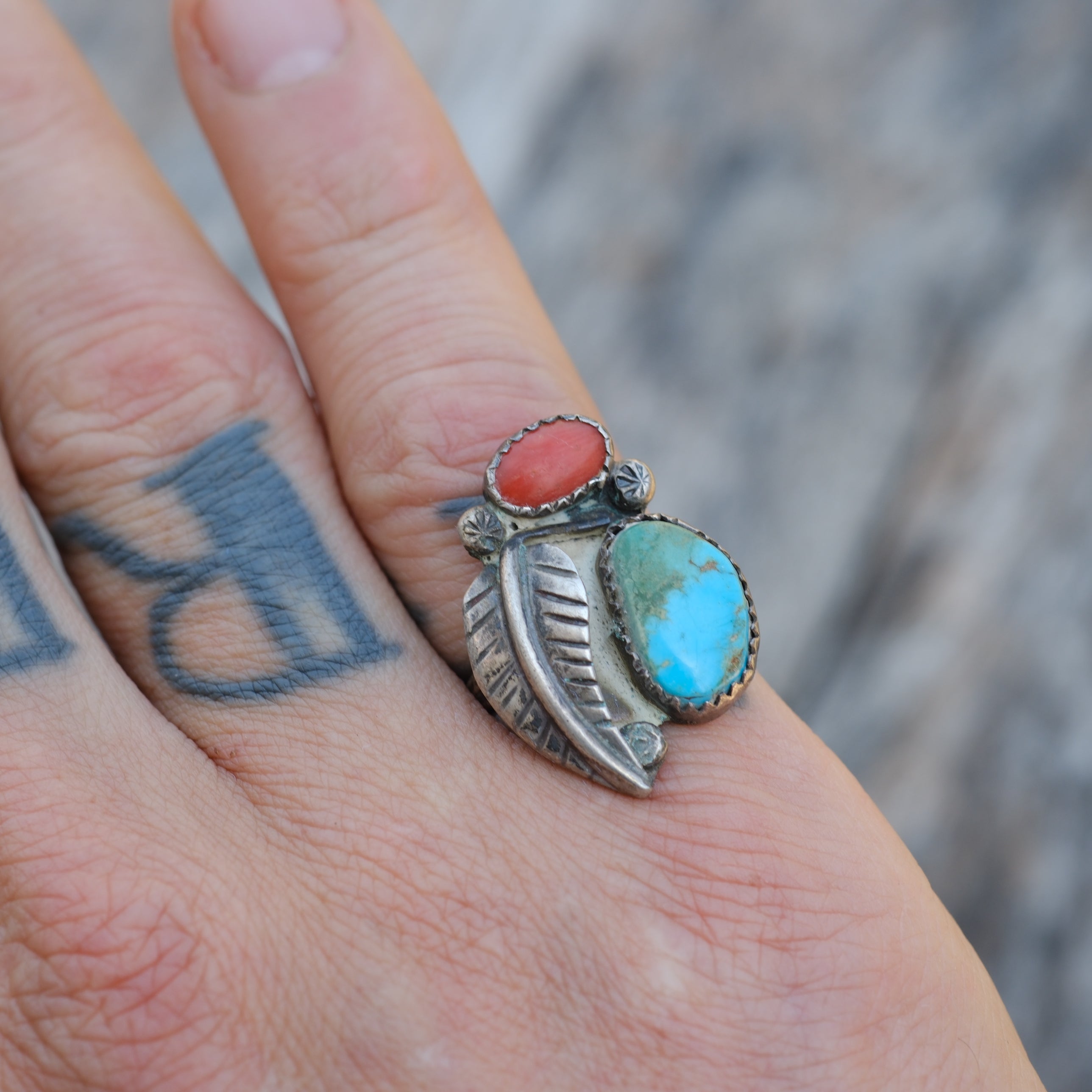 Vintage Sterling Turquoise and Coral Feather Ring 6.5