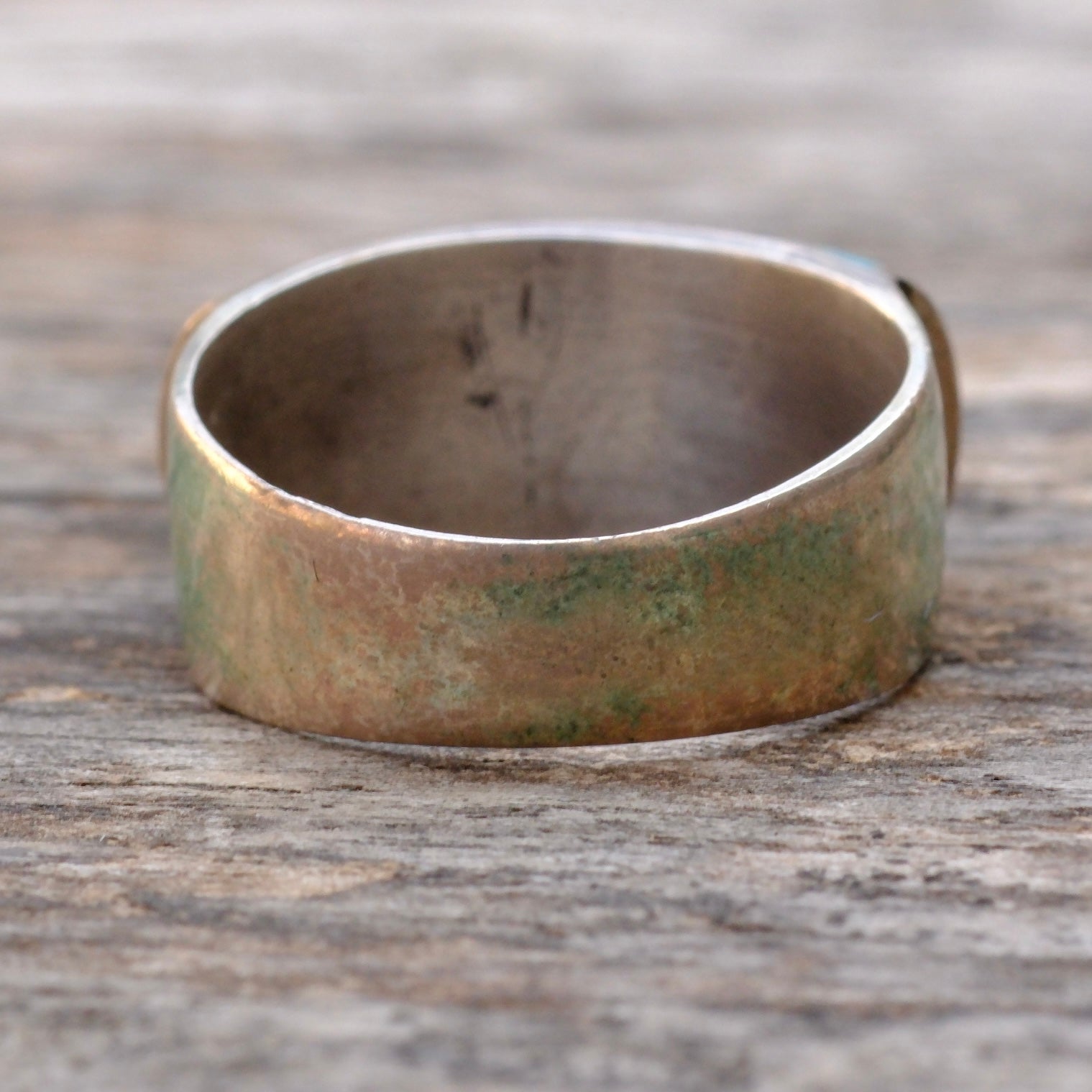 Vintage Sterling Turquoise Inlay Thick Band Ring 10.25