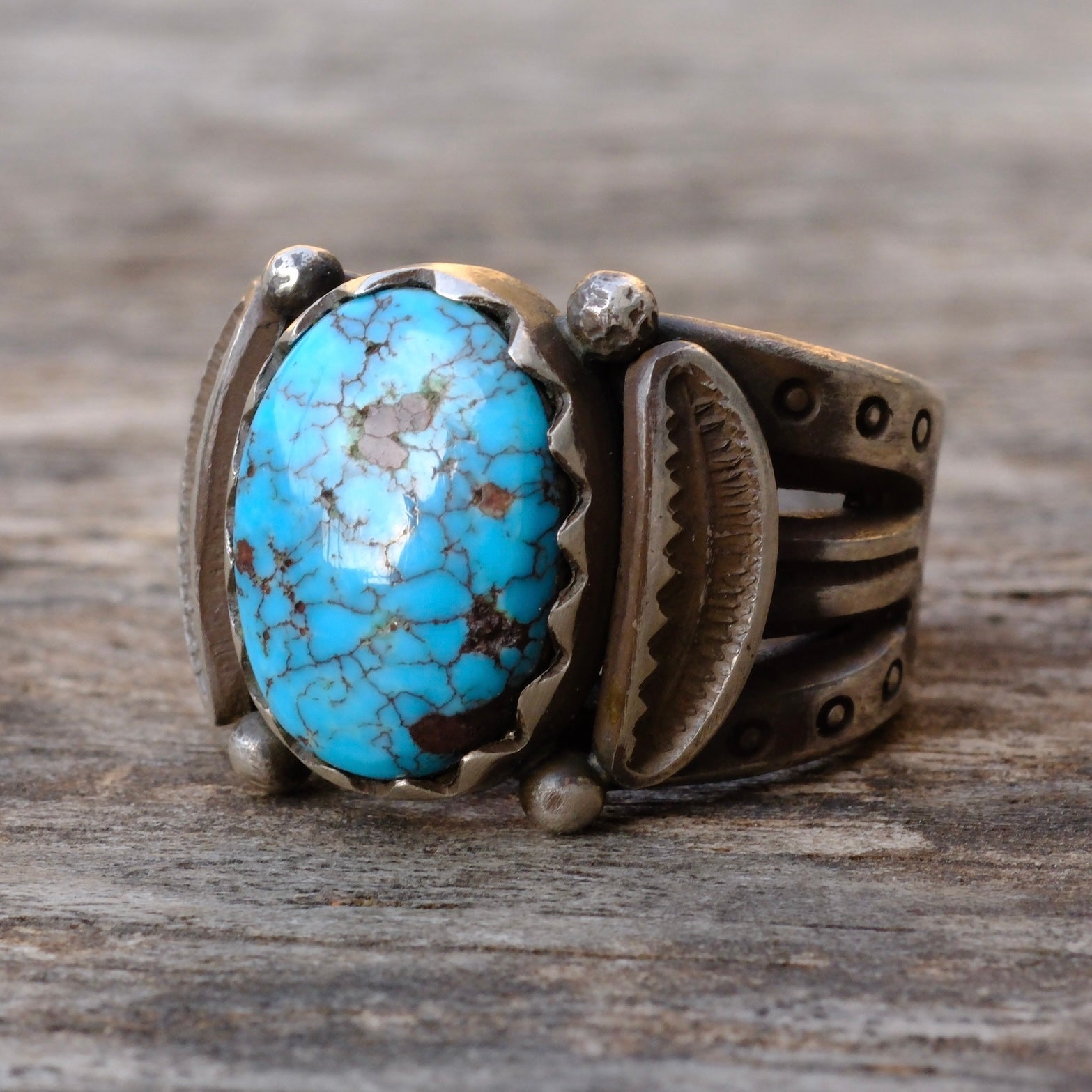 Heavy Ingot Sterling Silver Stamped Band Turquoise Ring 7