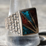 Vintage Sterling Crushed Turquoise and Coral Inlay Sunrise Ring 11.5