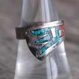 Vintage Sterling Crushed Turquoise and Coral Inlay Ring 7.25