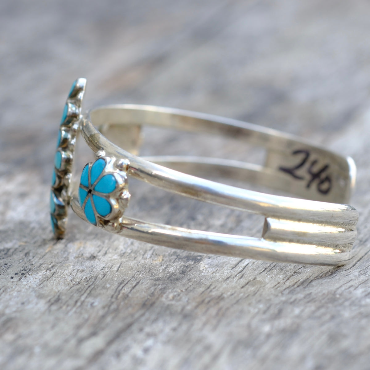Vintage Sterling Turquoise Flower Inlay Cuff Bracelet