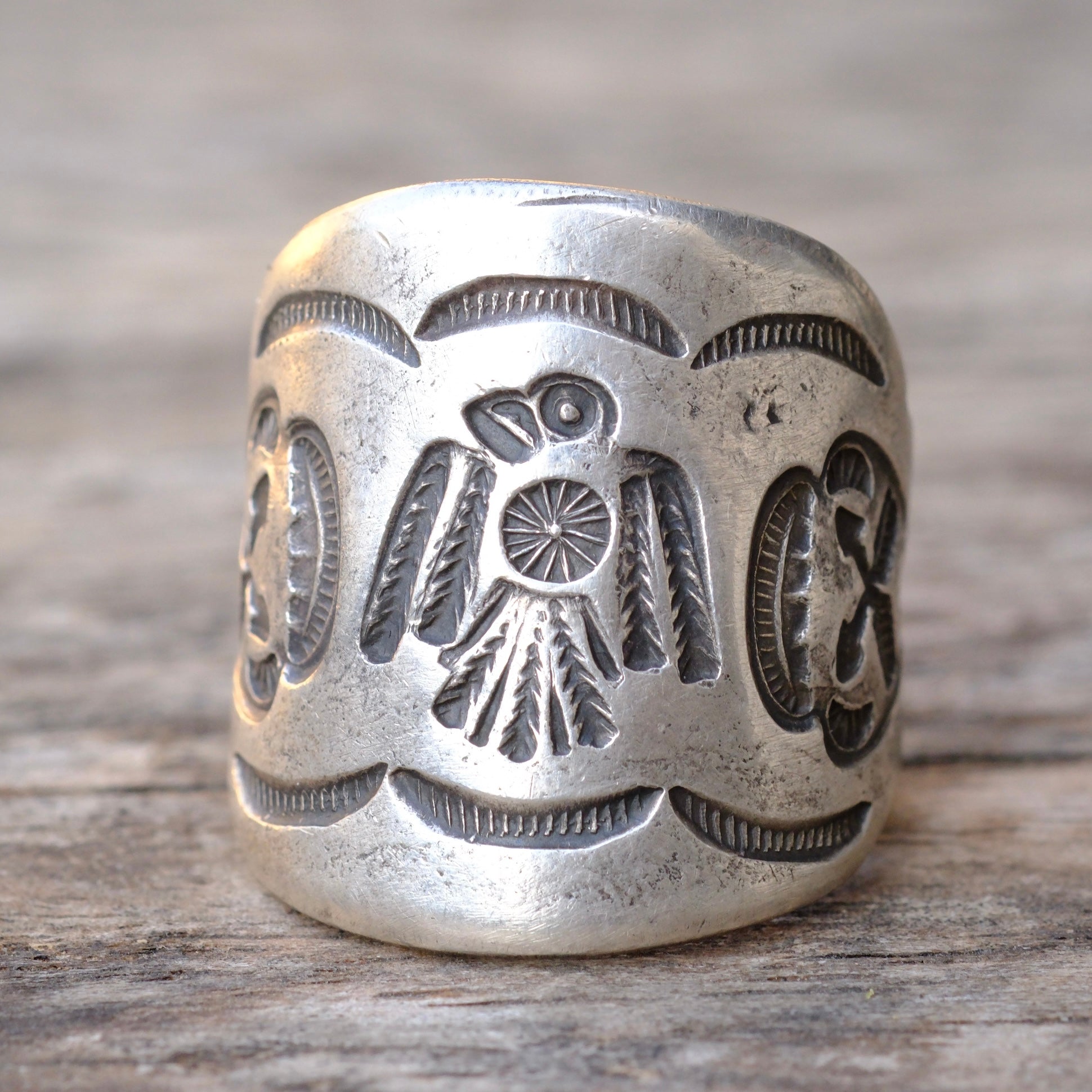 HEAVY Ingot Silver Stamped Thunderbird Cigar Band Ring 10.25