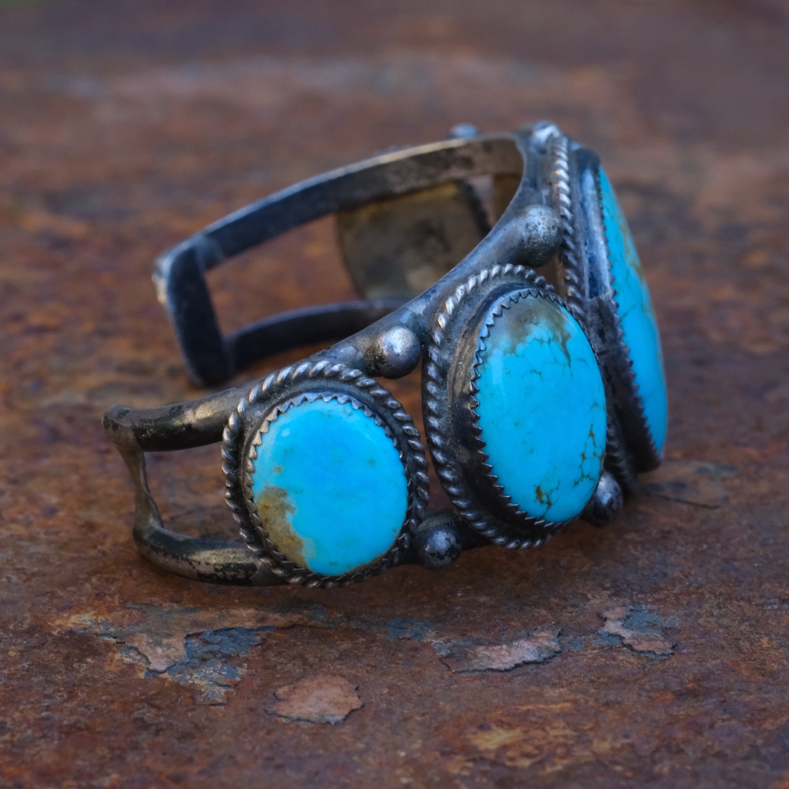 Heavy Vintage Sterling 5-Stone Turquoise Roper Cuff Bracelet