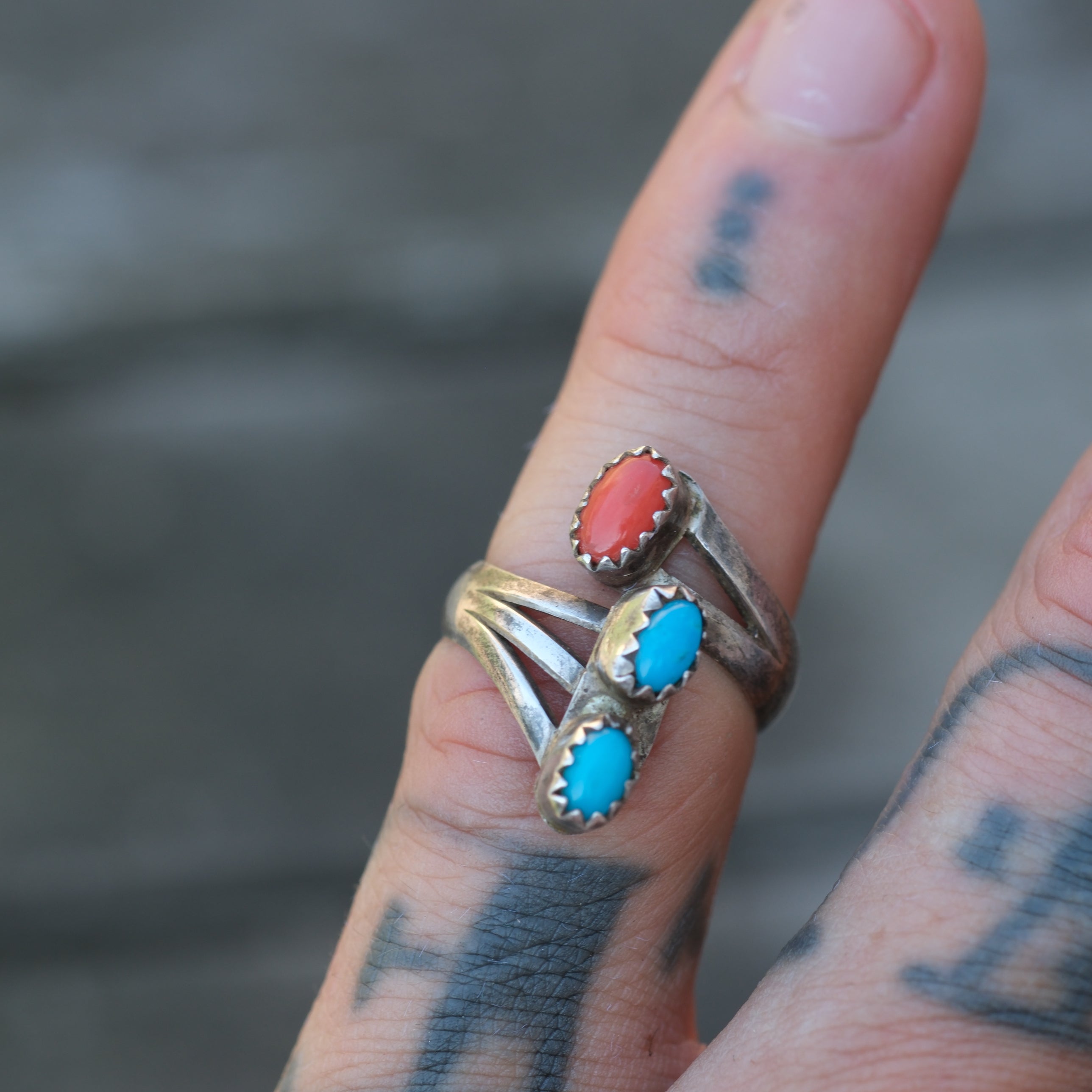 Vintage Sterling Turquoise and Coral Ring 4.5