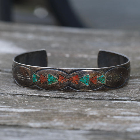 Vintage Sterling Turquoise and Coral Stamped Cuff