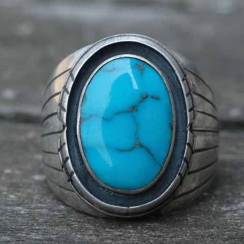 Vintage Sterling Turquoise Ribbed Band Ring 9