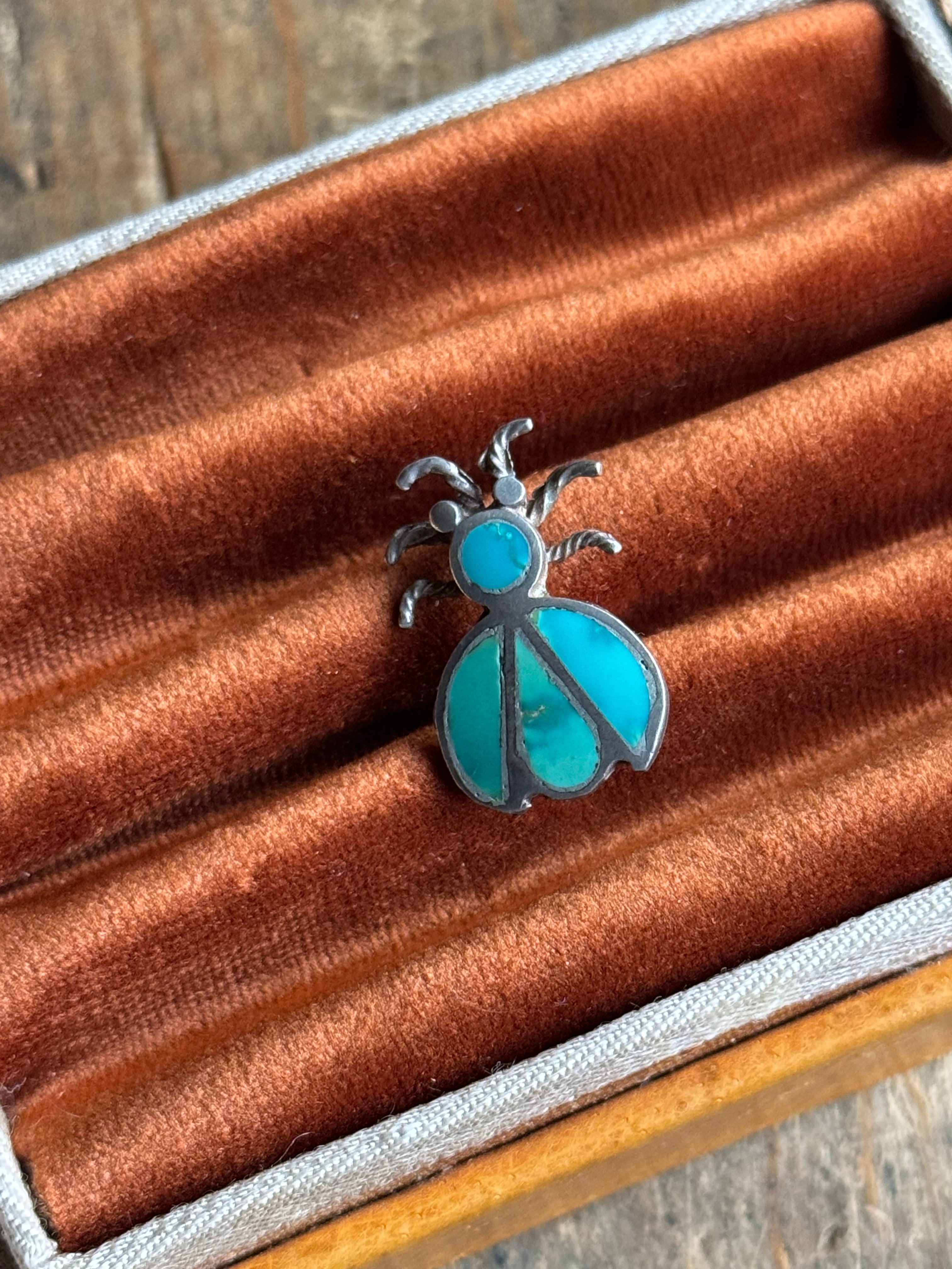 Vintage Sterling Silver Turquoise Inlay Bug Pin