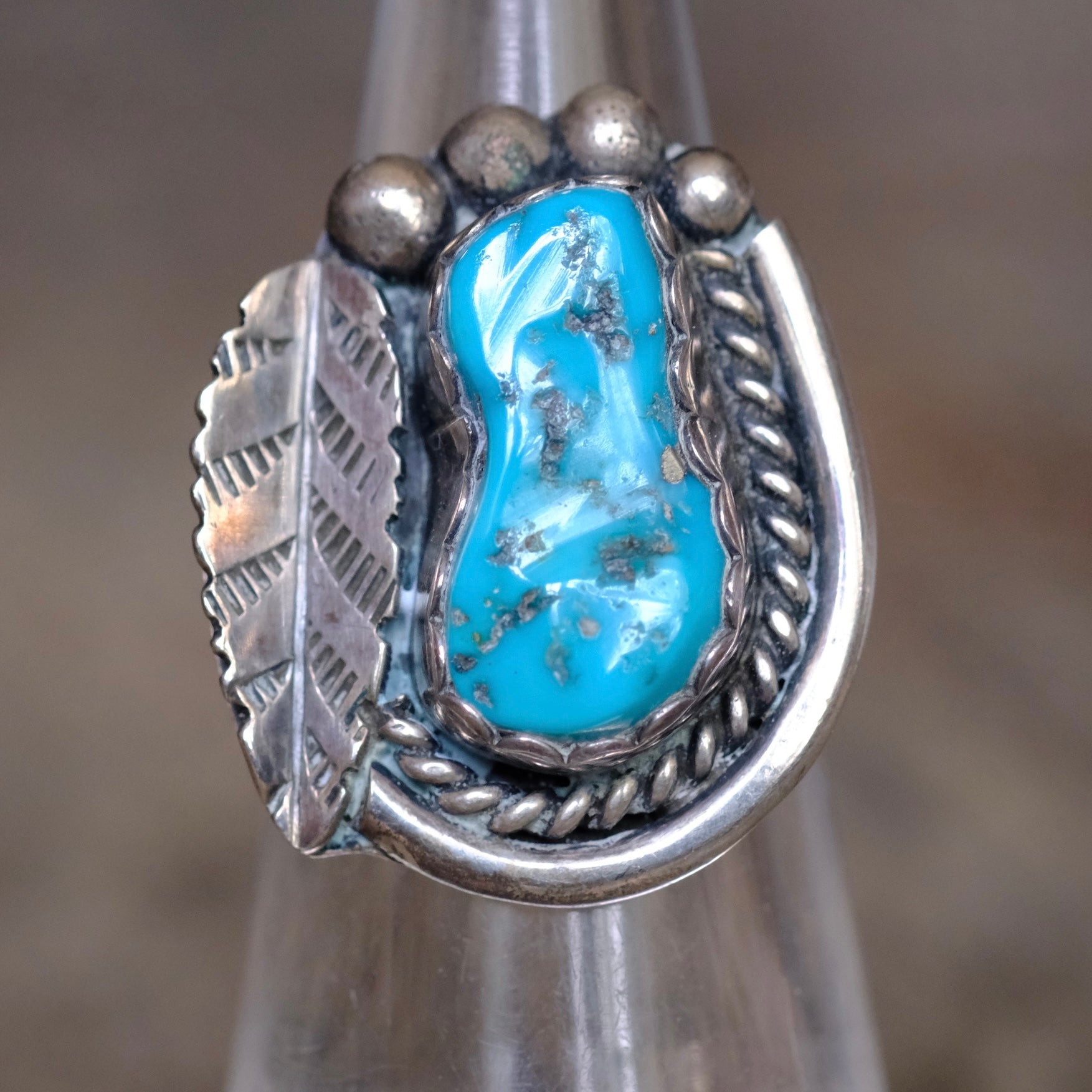 Vintage Sterling Turquoise Feather Ring 5