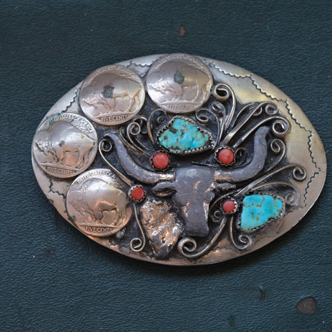 Vintage Longhorn Turquoise And Coral Belt Buckle