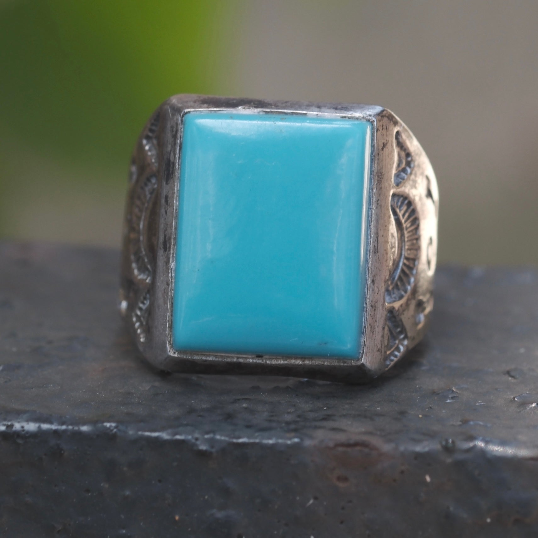 Vintage Sterling Turquoise Stamped Band Ring 8