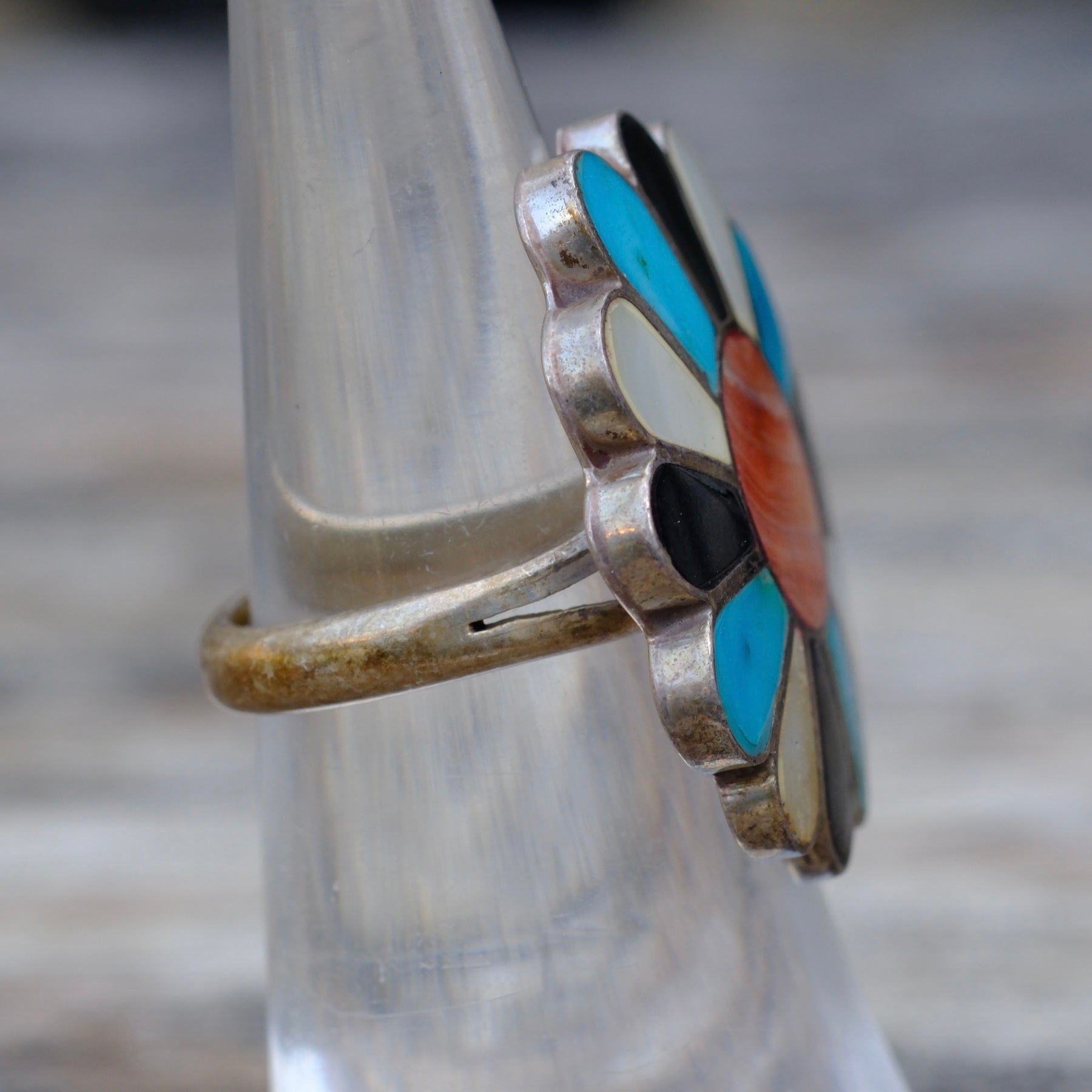 Vintage Sterling Multi Stone Inlay Flower Ring 5