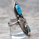 HUGE Vintage Sterling Turquoise and Coral Feather Ring 9.25