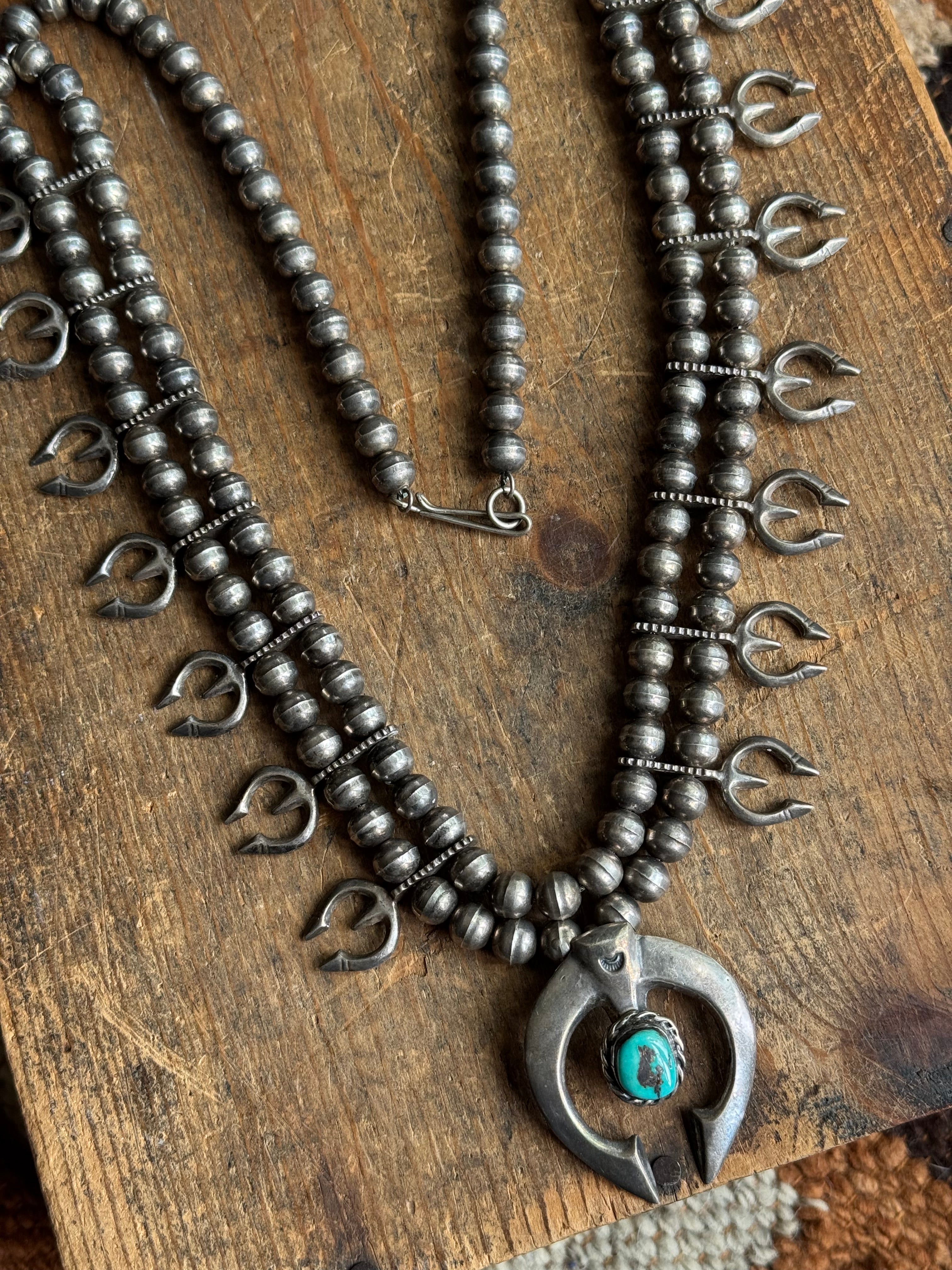 Vintage Sterling Silver Turquoise & Naja Petal Squash Blossom