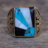 Vintage Sterling Turquoise MOP and Onyx Sunrise Inlay Thunderbird Ring 9