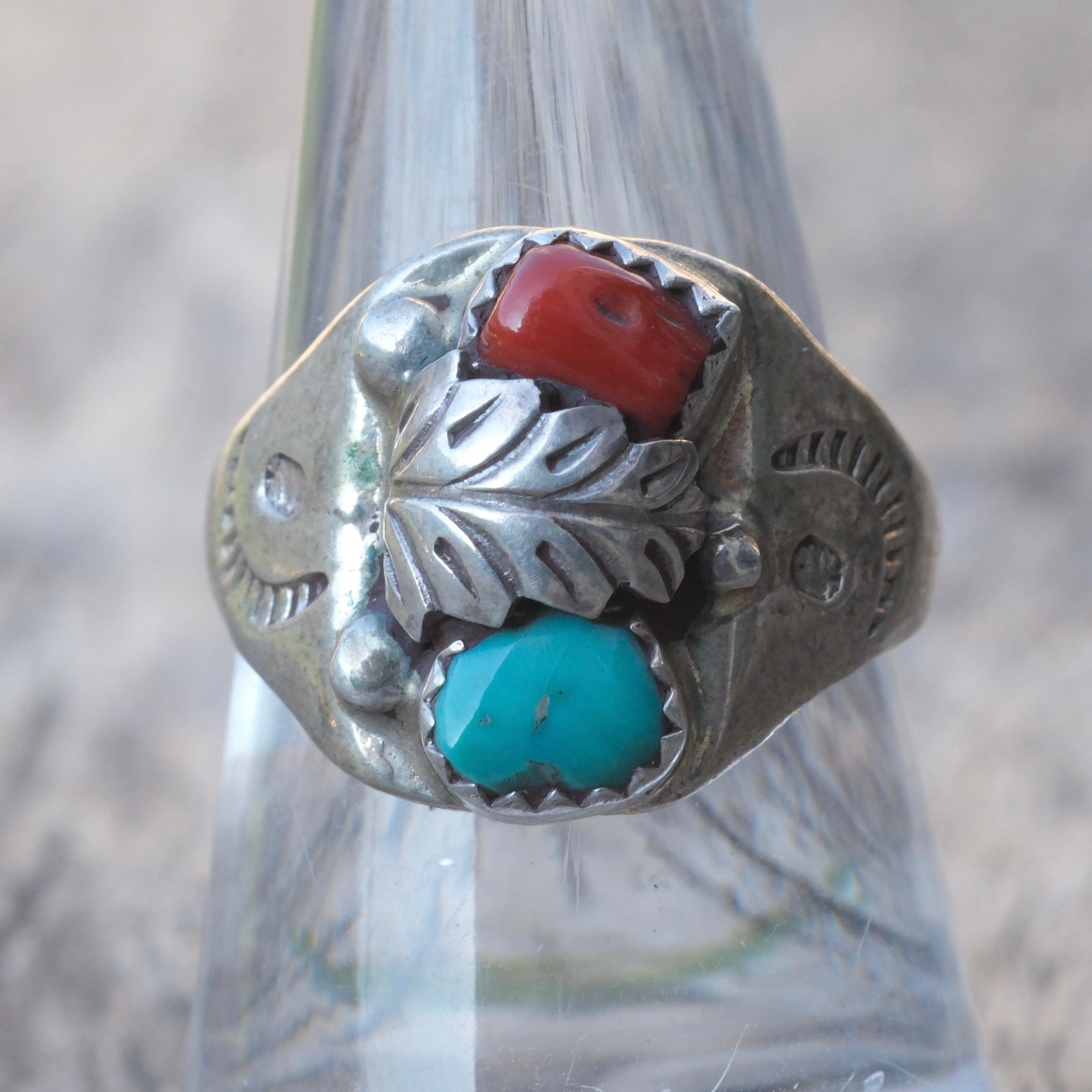 Vintage Sterling Turquoise and Coral Feather Ring 8.25