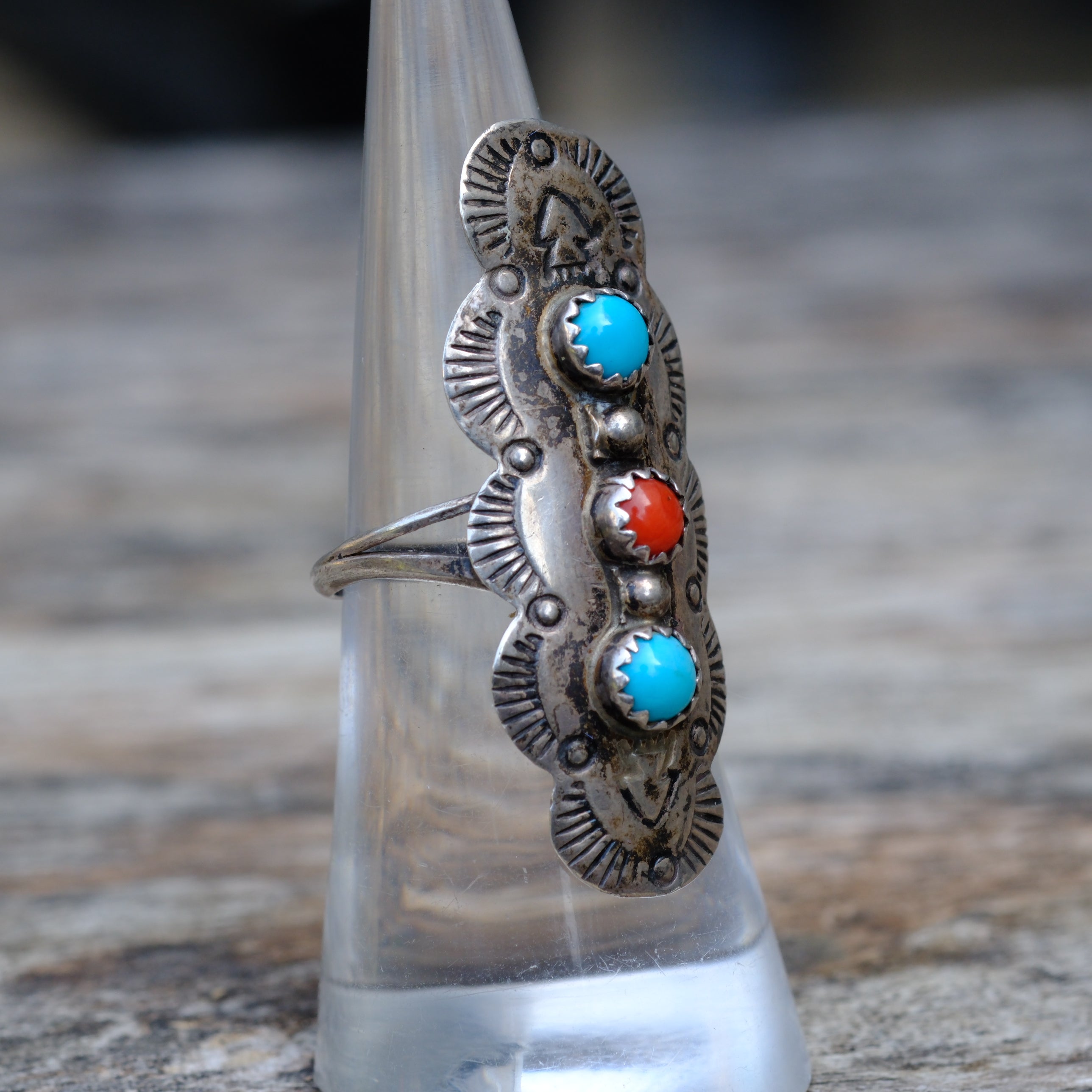Vintage Sterling Turquoise and Coral Stampe Ring 6.75