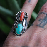 Vintage Sterling Turquoise and Coral Feather Ring 5.25