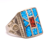 Vintage Sterling Turquoise and Coral Inlay Ring 9.5