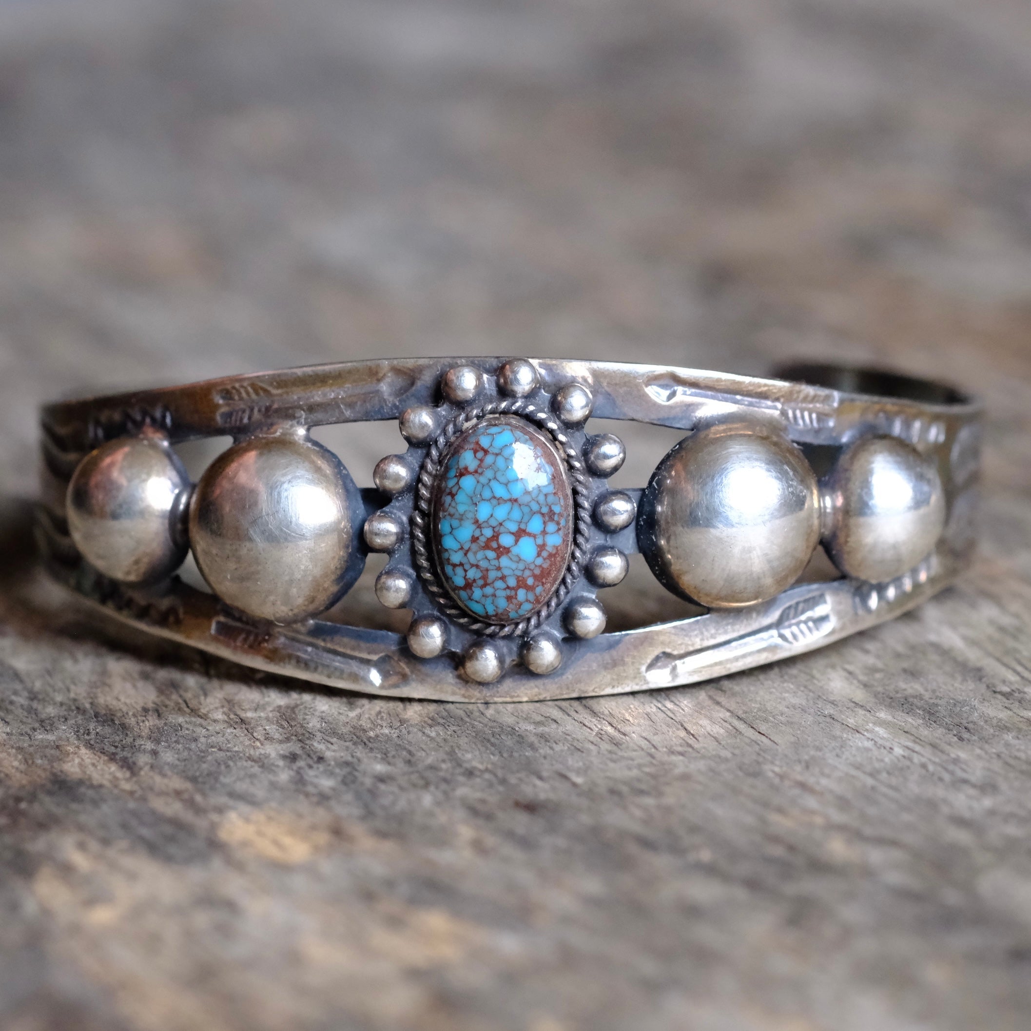 Vintage Fred Harvey Era Sterling Turquoise Stamped Cuff bracelet