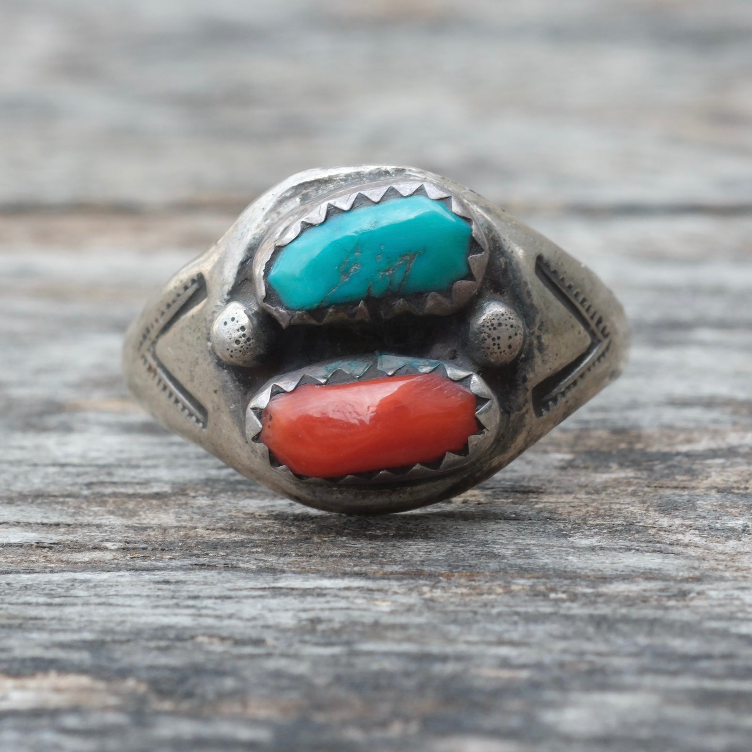 Vintage Sterling Turquoise and Coral Ring 6.25