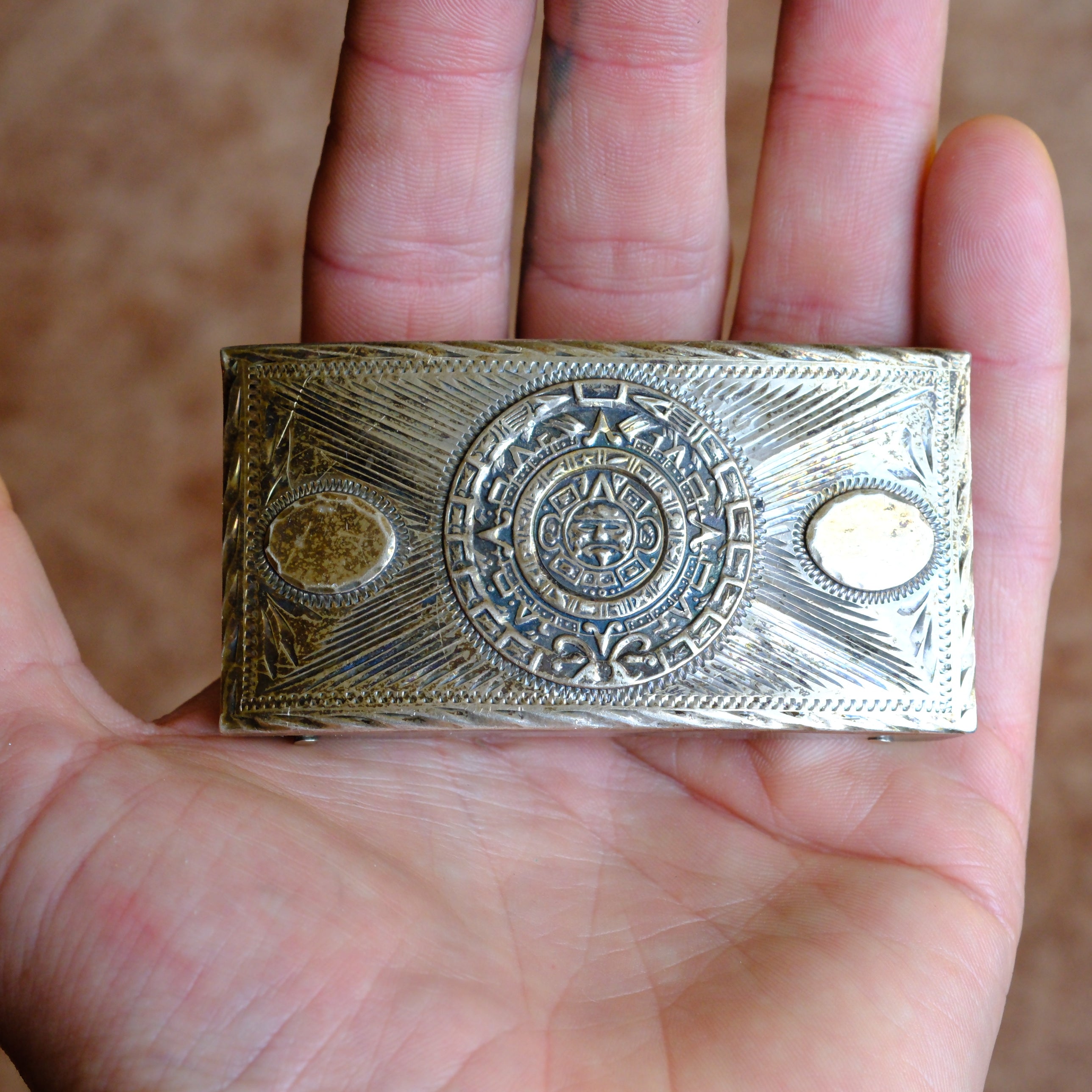 Vintage Sterling Aztec Calendar Belt Buckle