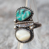 Vintage Sterling Turquoise and MOP Feather Ring 5.5